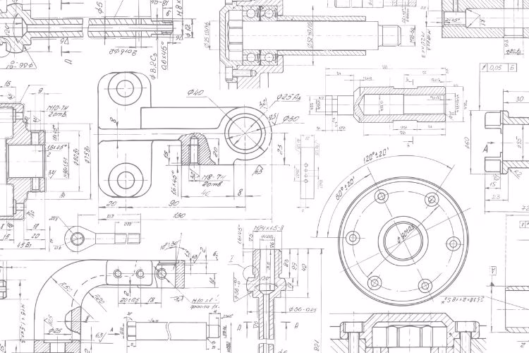 Black-and-white technical engineering drawings featuring mechanical parts, measurements, and industrial design schematics.
