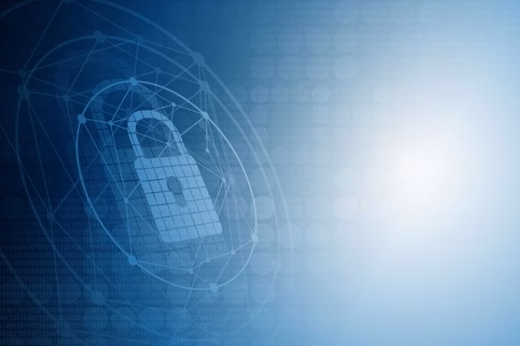 Cybersecurity concept featuring a digital padlock and blue technology background